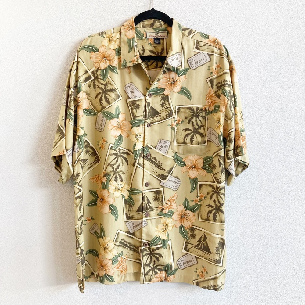 Tommy Bahama Silk Aloha Shirt Button Up Tropical Hawaiian Old Hawaii Floral L